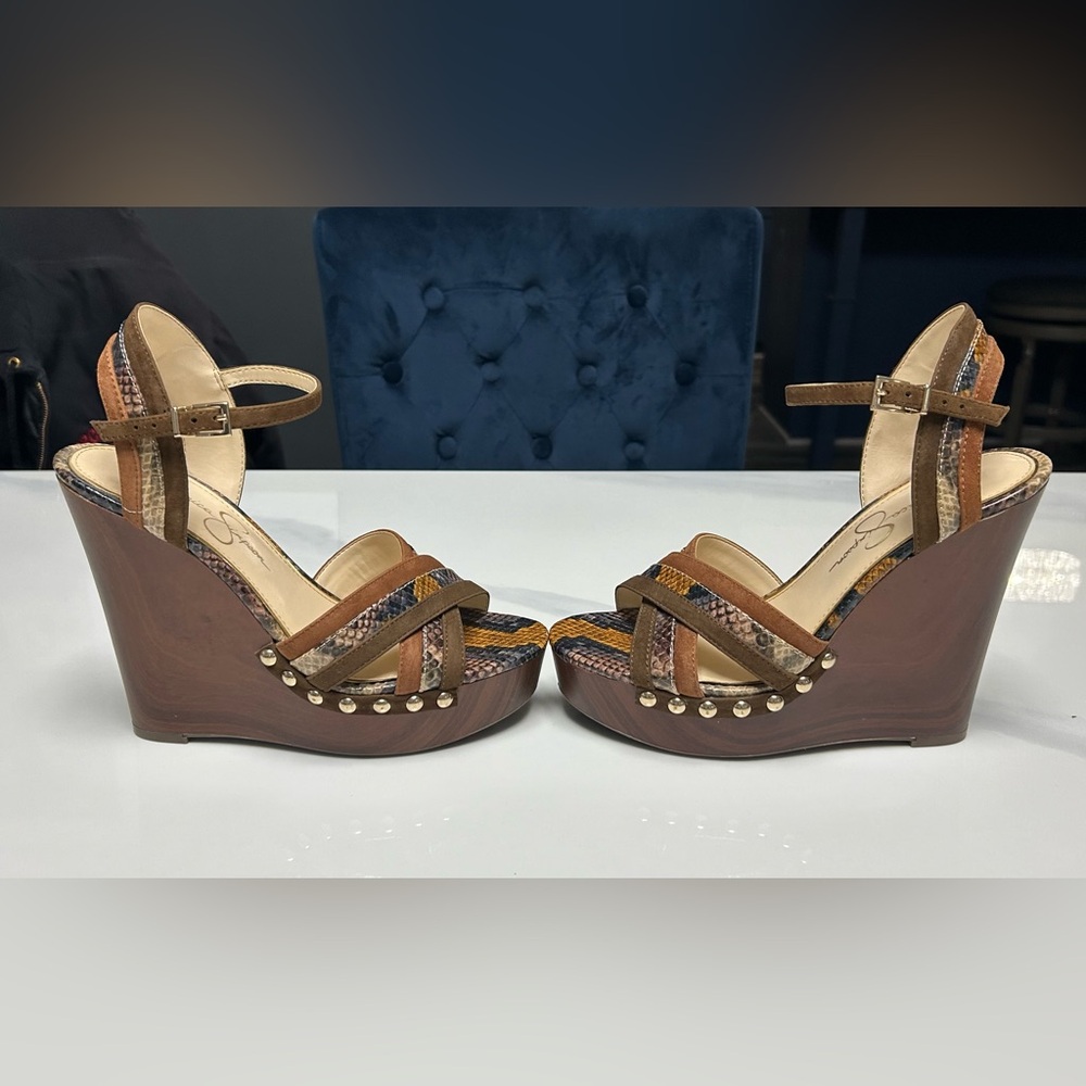 Jessica Simpson Brown and Tan Wedge Sandals